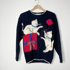 Vintage 80s Karen Scott Holiday Cat Sweater Novelty Knit Christmas Kitsch Size S